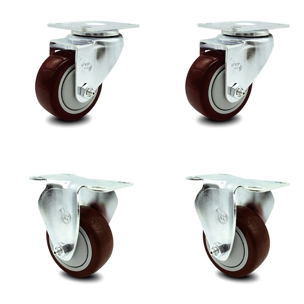 3 Inch Maroon Polyurethane Wheel Swivel Top Plate Caster Set with 2 Rigid SCC